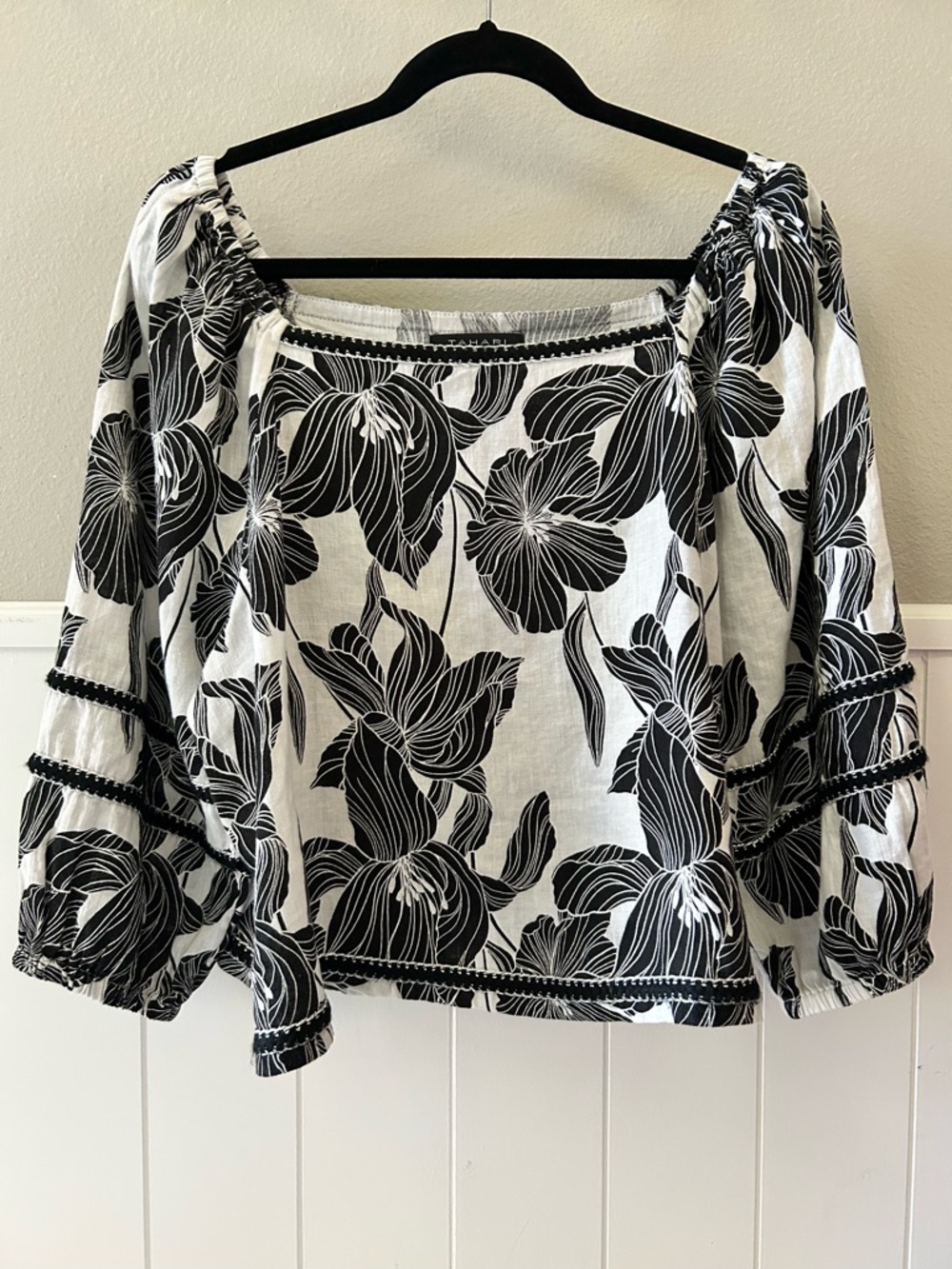 TAHARI 100% Linen NWOT Black & White Balloon Sleeve Boxy Square Neck Size XL
